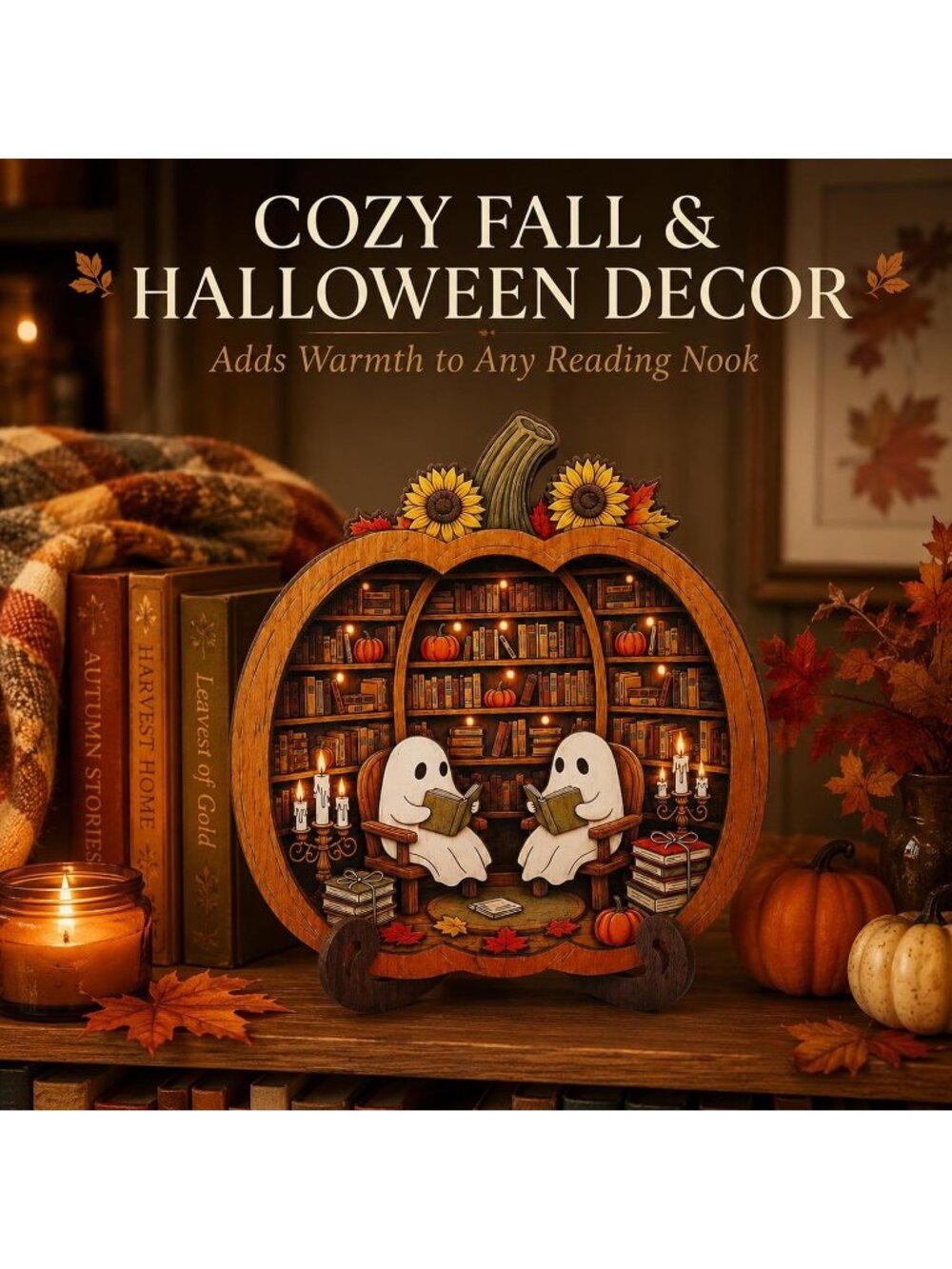 〽️Halloween Pumpkin Decor Cute Ghost Reading Book Wooden Bookshelf Cozy Library - Picture 3 of 6